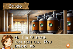 Monster Rancher Advance (Game Boy Advance) screenshot: Meet Chamois at the Studio. You can keep your monsters with her here.