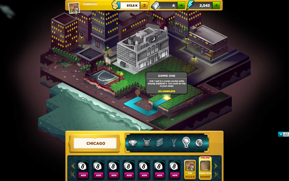 Pool World Champ (Browser) screenshot: The progress in a tournament is displayed in a miniature version of the city.