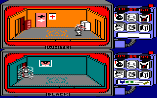 Spy vs Spy (Amstrad CPC) screenshot: Black discovers a trap, and gets electrocuted