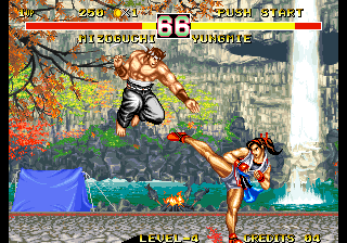 Fighter's History Dynamite (Arcade) screenshot: Attempted high kick.