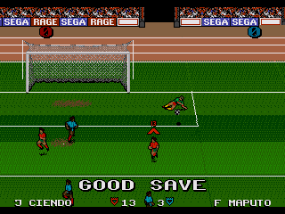 Ultimate Soccer (Genesis) screenshot: Top goal action in regular footy.