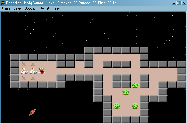 PocoMan! (Windows) screenshot: On the next level, push emeralds to turn them into... swans?