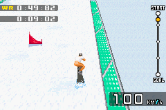 ESPN International Winter Sports 2002 (Game Boy Advance) screenshot: The Snowboard G Slalom is another downhill race where you must pass on the correct side of each gate or be disqualified