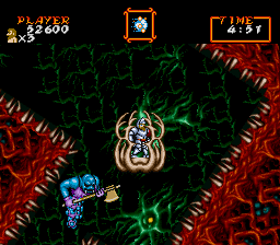 Super Ghouls 'N Ghosts (SNES) screenshot: In this level, the player takes refuge in these platform cages while the level spins