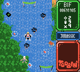 Toobin' (Game Boy Color) screenshot: In Jurassic. The Cro-Magnums throw weapons.