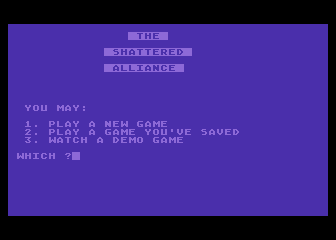 Chronicles of Osgorth: The Shattered Alliance (Atari 8-bit) screenshot: Begin new game, or saved game?