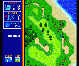 Hole in One Special (MSX) screenshot: Ball landed beween a group of trees. That's a difficult place to hit a ball.