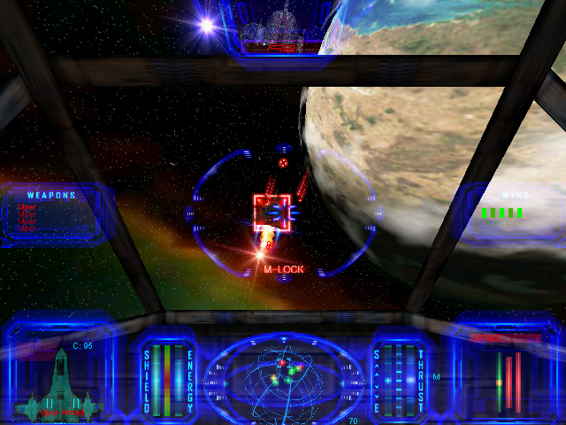 Star Wraith 3: Shadows of Orion (Windows) screenshot: To get a lock on an enemy craft you need to keep it within your gun sights for some time.