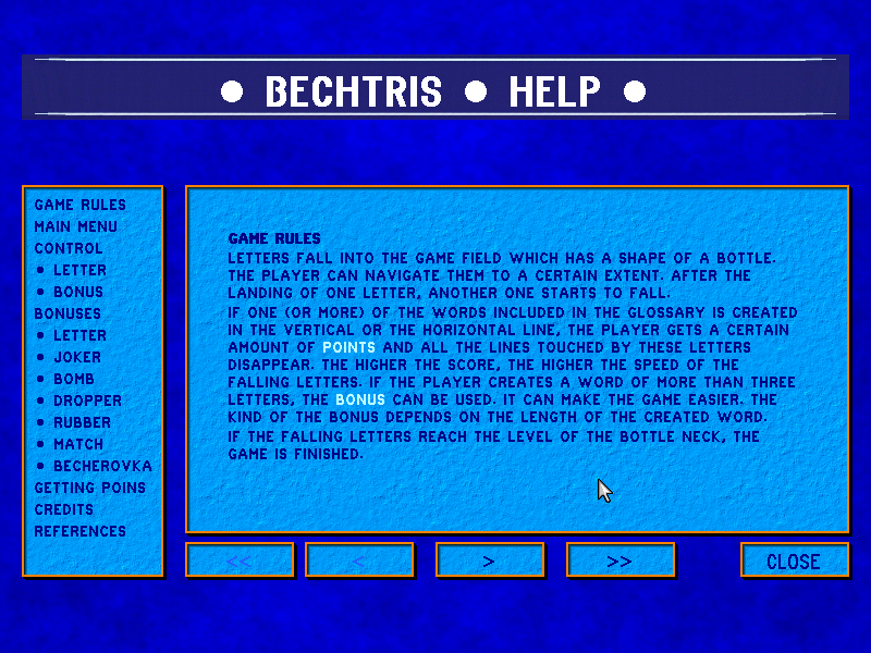 Bechtris (Windows) screenshot: Help