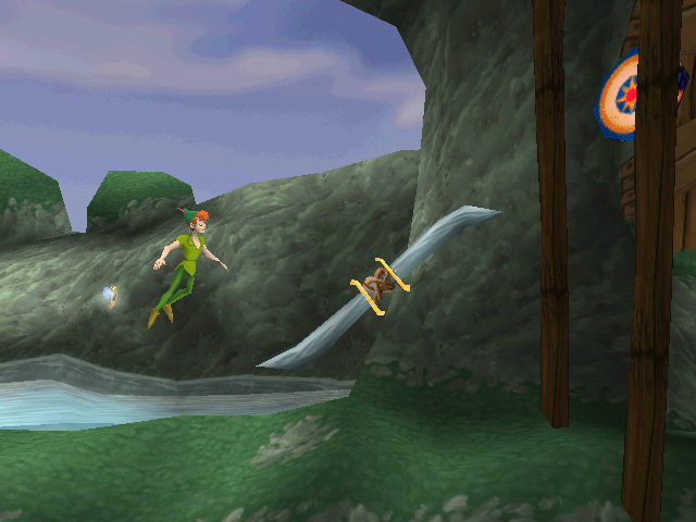 Peter Pan in Disney's Return to Never Land (Windows) screenshot: Rotating blade and opening doors shield (the player must hit this shield with the knife)