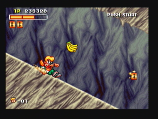 Spinmaster (Zeebo) screenshot: The last portion of this stage takes place at a cavern. This slope is one of the few portions where you'll find food to replenish your health.
