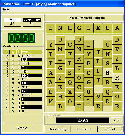 BookWormZ (Windows) screenshot: Staggered Mode - the computer is scoring