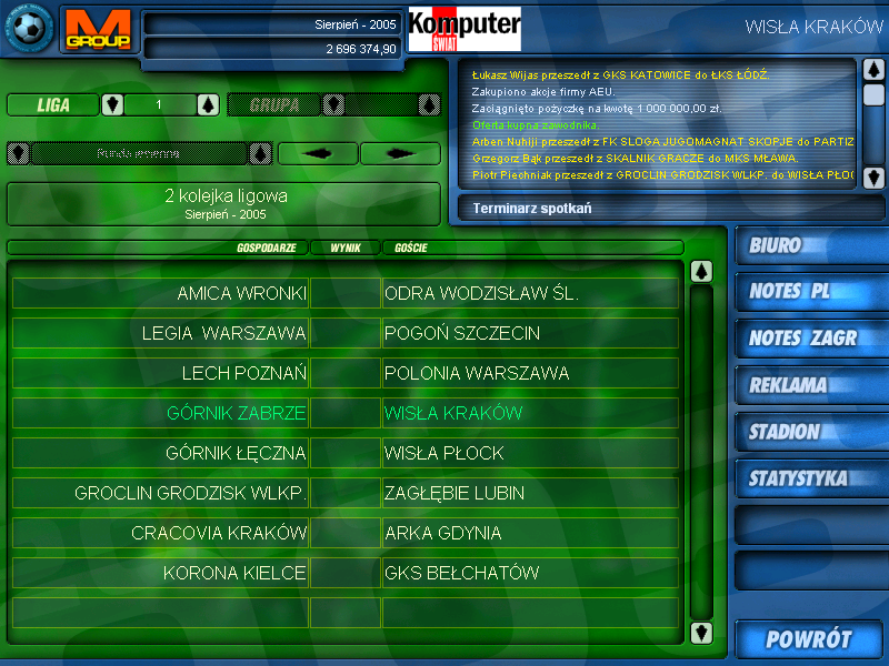 Liga Polska Manager 2005 NE (Windows) screenshot: League schedule