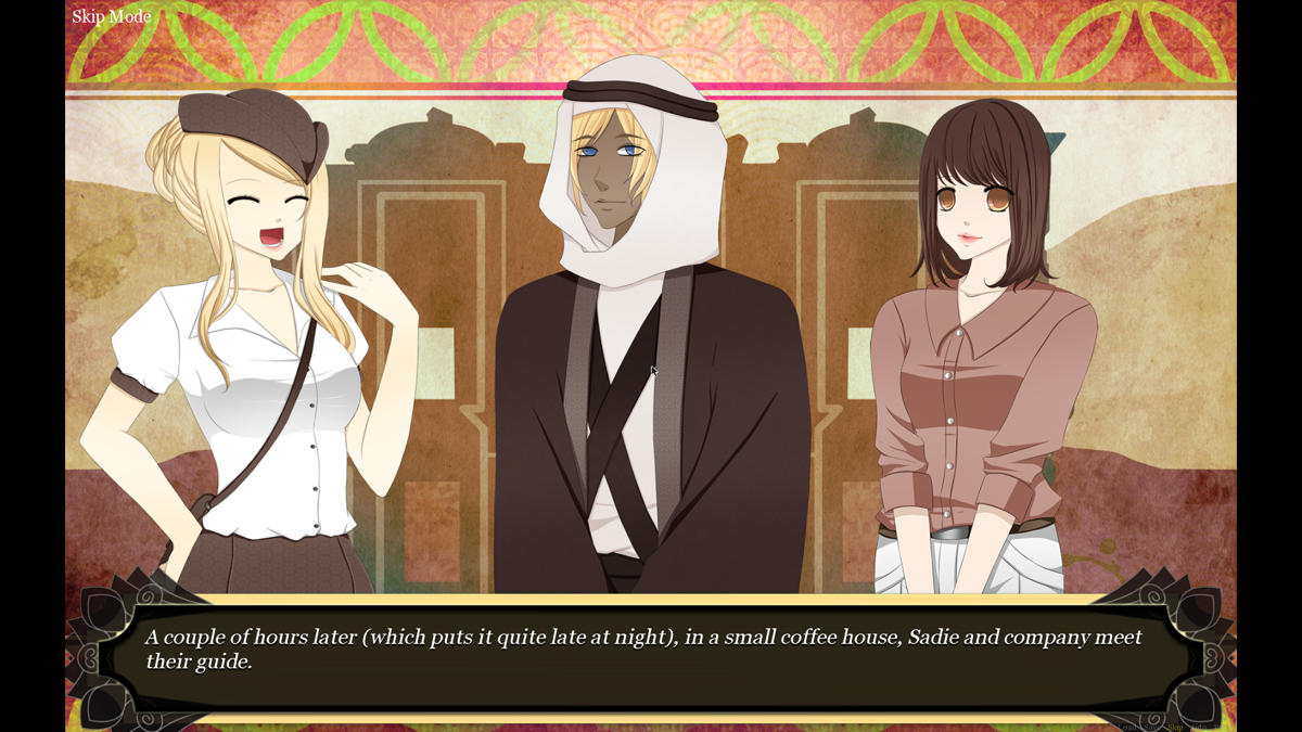 1931: Scheherazade at the Library of Pergamum (Windows) screenshot: Sadie's Bedouin friend shows a bad case of eye-hair that's very common in this game.