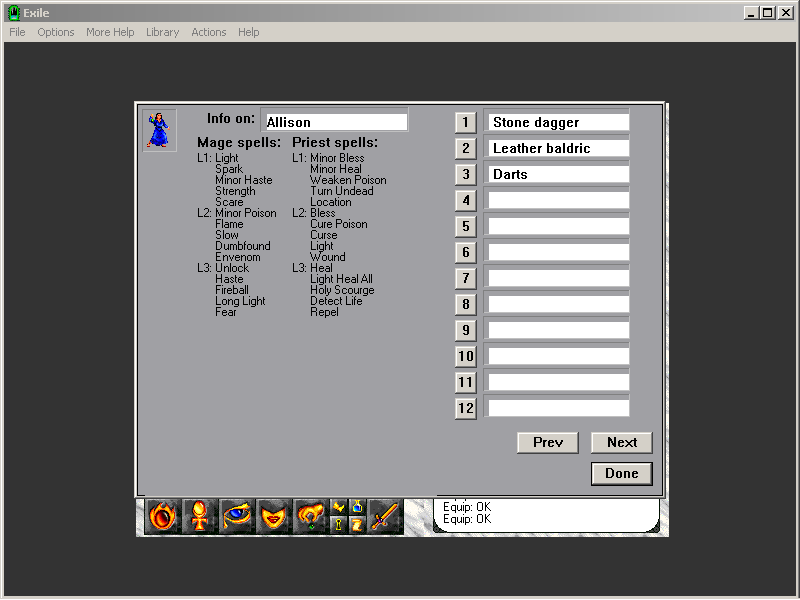 Exile: Escape from the Pit (Windows 3.x) screenshot: This screen allows to obtain detailed information on items in the current character's inventory, and also for some reason view all available spells in the game.
