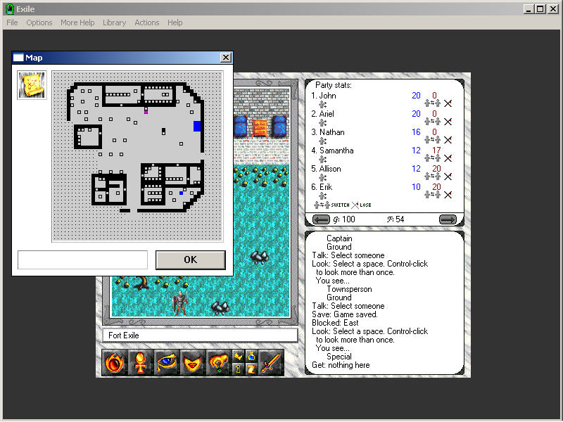 Exile: Escape from the Pit (Windows 16-bit) screenshot: The overhead map displays all explored areas in the current town, dungeon or in the wilderness.