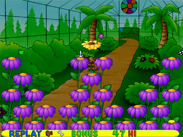 Putt-Putt and Pep's Dog on a Stick (Windows) screenshot: Jumping on this yellow flower transports you to a bonus level.