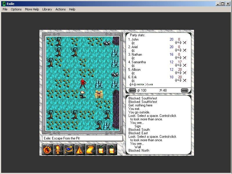 Exile: Escape from the Pit (Windows 3.x) screenshot: Out of the first town and off to explore the outside world.