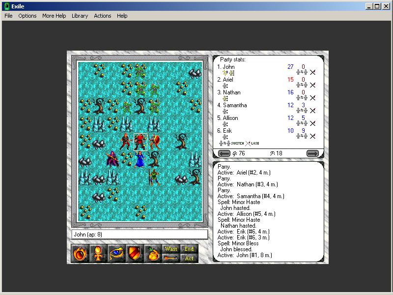Exile: Escape from the Pit (Windows 3.x) screenshot: Attacked by a wandering party of goblin raiders.