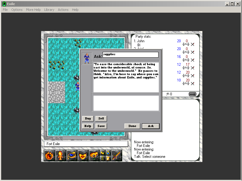 Exile: Escape from the Pit (Windows 3.x) screenshot: To talk to NPCs, you need to type in keywords to get the information you need.