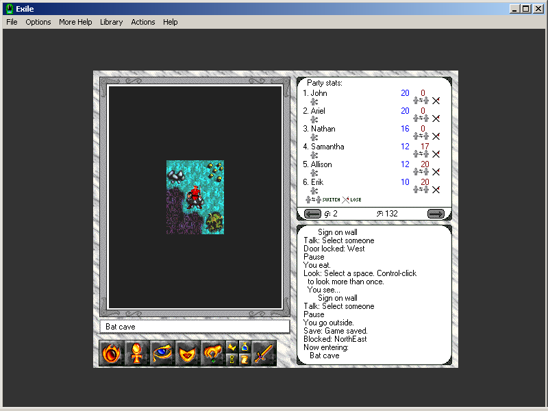 Exile: Escape from the Pit (Windows 3.x) screenshot: While inside caves or dungeons, you need to use a torch or a light spell to illuminate the surroundings, otherwise the field of view will be limited.