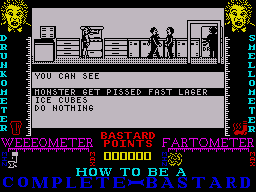 How to be a Complete Bastard (ZX Spectrum) screenshot: The fridge contains an infinite supply of alcohol to help get you drunkometer up