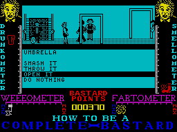 How to be a Complete Bastard (ZX Spectrum) screenshot: Searching the umbrella stand reveals an umbrella