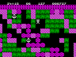 Boulder Dash (ZX Spectrum) screenshot: Lots of walls, boulders, and diamonds on this level