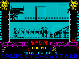 How to be a Complete Bastard (ZX Spectrum) screenshot: Opening an umbrella indoors is very bad luck hence why you've turned into a cooker