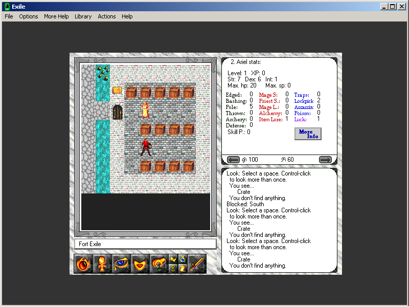 Exile: Escape from the Pit (Windows 3.x) screenshot: To view individual stats of characters in the party, the character sheets must be scrolled through in the top-right corner of the screen.
