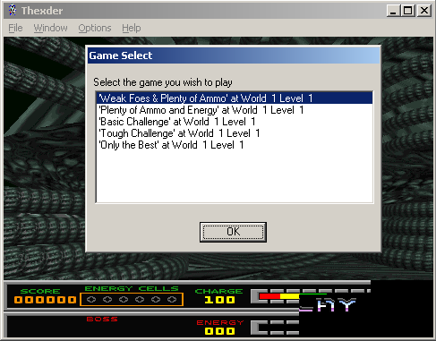 Thexder (Windows) screenshot: Select difficulty level