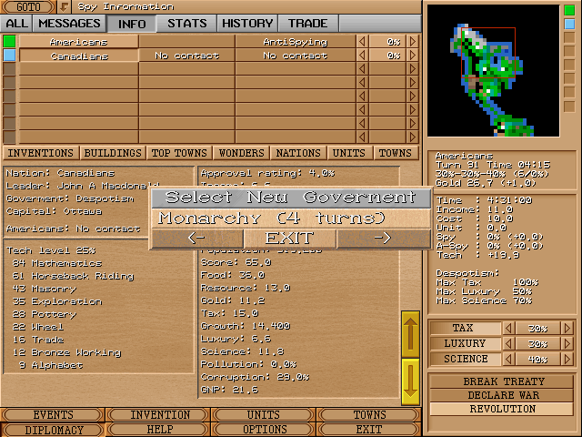 Great Nations (Windows) screenshot: The diplomacy menu is also used to change the government form in the player's empire.