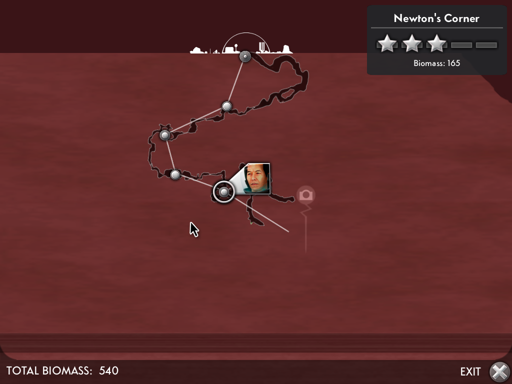 Waking Mars (Windows) screenshot: In game map can be called up; nodes can be selected for fast travel. The pinkish camera icon is the location of a camera module left behind by OCTO and must be found.