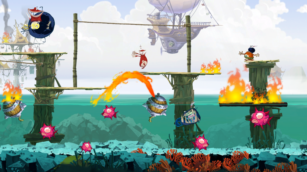 Rayman Origins (Windows) screenshot: The flying ship in the background shoots explosive bombs into the foreground