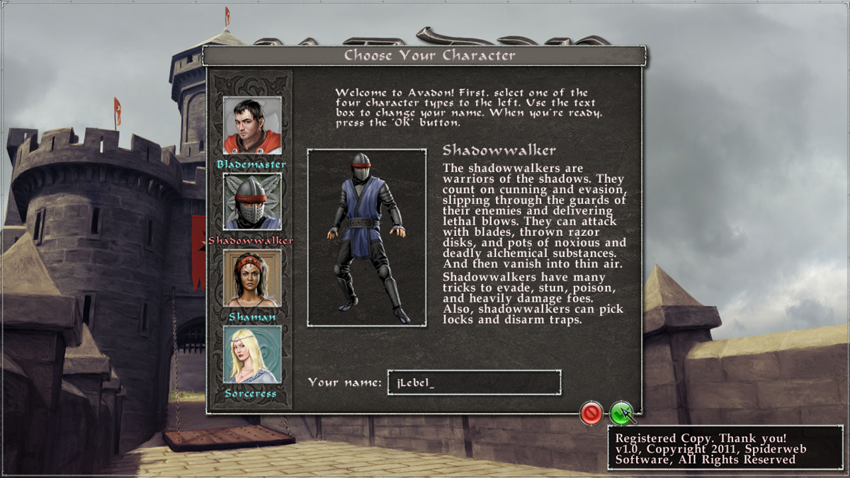 Avadon: The Black Fortress (Windows) screenshot: At the start you have 4 character types to choose from; and 4 levels of difficulty.