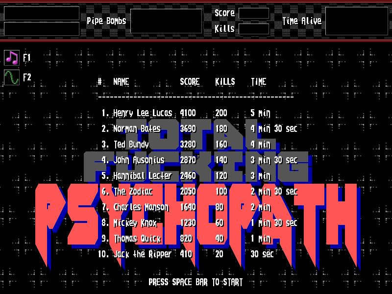 Total Fucking Psychopath (Windows) screenshot: The default high scores are filled with notorious mass murderers and serial killers