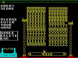 Bounty Bob Strikes Back! (ZX Spectrum) screenshot: Enter your name into the high scores
