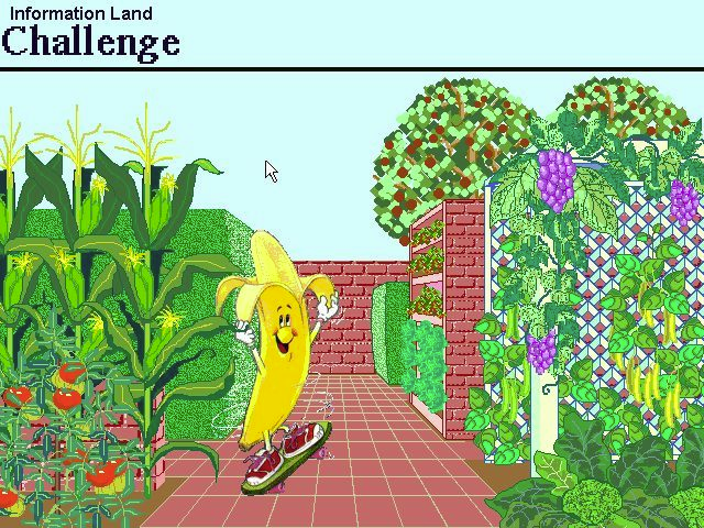 Dole: 5 A Day Adventures (Windows 3.x) screenshot: The start of the Information Land challenge. Challenges are issued as the player leaves each section. They are optional. They all start with the key character travelling left to right