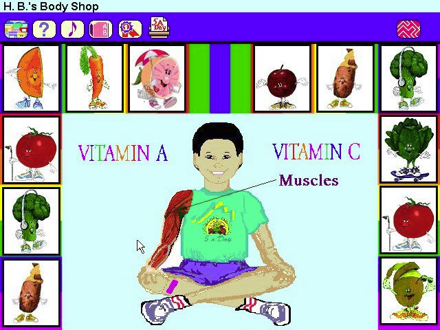 Dole: 5 A Day Adventures (Windows 3.x) screenshot: This is H.B.'s Body Shop. The player clicks on body parts and finds out what fruit & vegetables are needed to maintain it