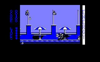 Hudson Hawk (Amstrad CPC) screenshot: "Get off me, you flea-bitten mongrel!"