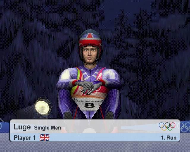 Torino 2006 (PlayStation 2) screenshot: Playing the Luge as a single event. The player can name their character and select the nation they wish to represent.