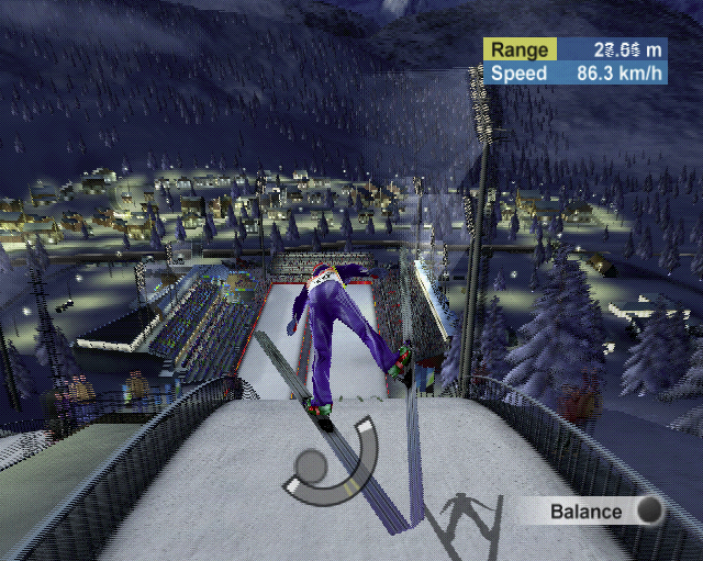 Torino 2006 (PlayStation 2) screenshot: Take-off from the ski-jump. This looks like it is going to hurt. All events are replayed from different camera angles.