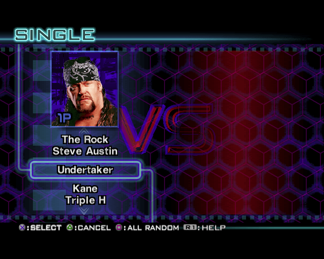 WWF Smackdown! Just Bring It (PlayStation 2) screenshot: The Exhibition Match wrestler selection screen. The player scrolls up/down to find their player. Cross selects a player and shows a small screen of stats. Cross again confirms the selection.