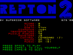 Repton Mania (ZX Spectrum) screenshot: The Repton 2 menu - no passwords this time