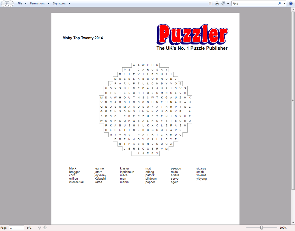 Puzzler 1000 Wordsearch (Windows) screenshot: User generated puzzles can be printed with, or without grid spaces but however they are printed the Puzzler logo is prominently displayed. Alternatively they can be 'printed' to a file.