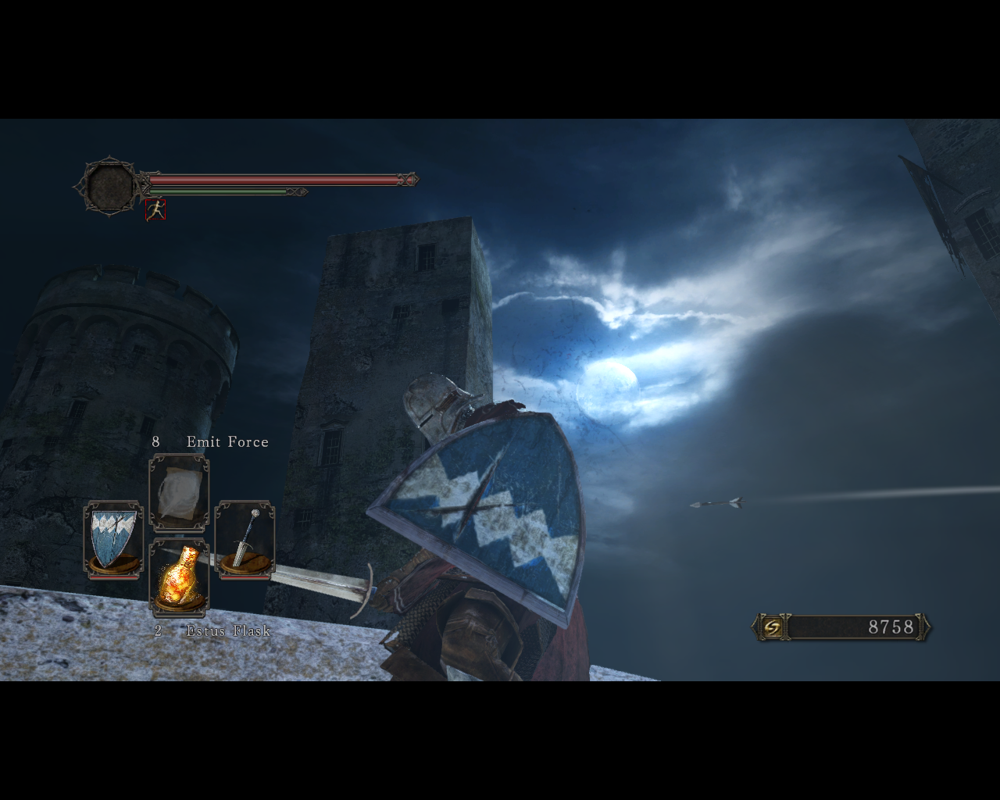 Dark Souls II (Windows) screenshot: I'm just enjoying this fantastic view, showing off my new shield - and you shoot arrows at me?!..