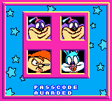 Tiny Toon Adventures: Buster Saves the Day (Game Boy Color) screenshot: When you complete a level, you will be rewarded a passcode which you can enter in the main menu