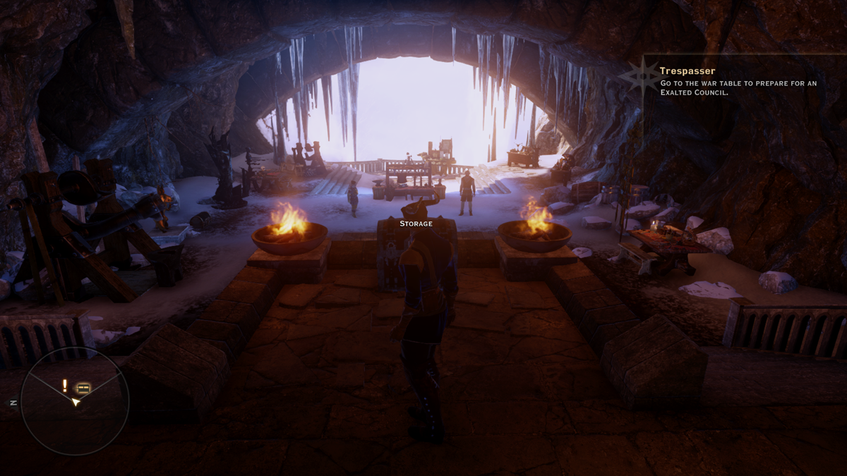 Dragon Age: Inquisition (Xbox One) screenshot: Skyhold features a lot of different useful things. This includes an Undercroft with in it, armor and weapon workbenches, a storage container, shops, and a table to customize Skyhold itself.