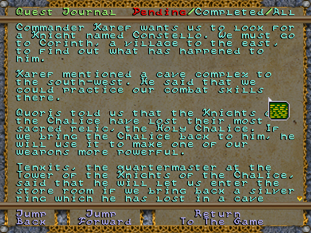 Knights of the Chalice (Windows) screenshot: Your journal records active and completed quests, as well as useful information.