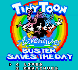 Tiny Toon Adventures: Buster Saves the Day (Game Boy Color) screenshot: Option Menu: Choose number of lives and continues to start with. Also you can sample the different music and SFX